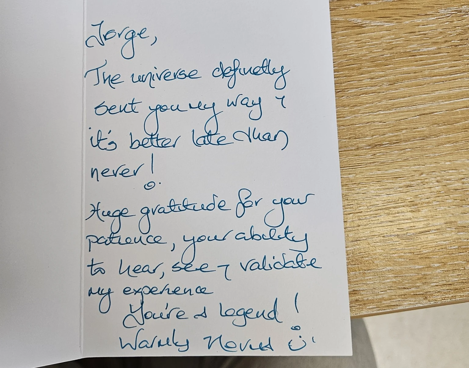 Handwritten thank-you card thanking the clinic for making the patient feel more like themselves again