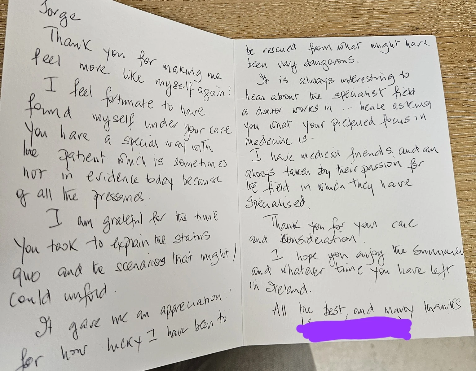 Handwritten thank-you card thanking the doctor for helping the patient feel more like themselves again