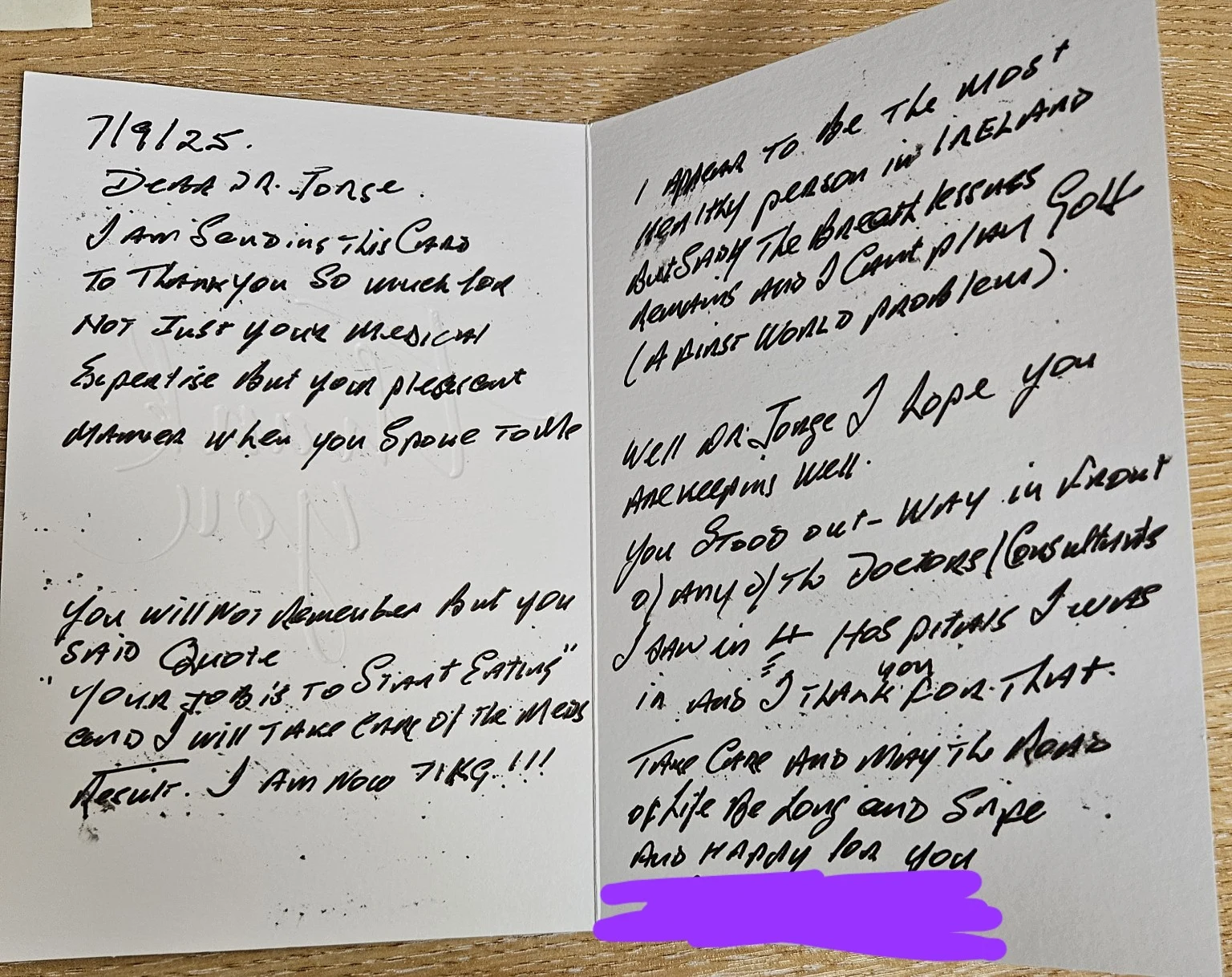 Handwritten thank-you card thanking the doctor for medical expertise and pleasant manner