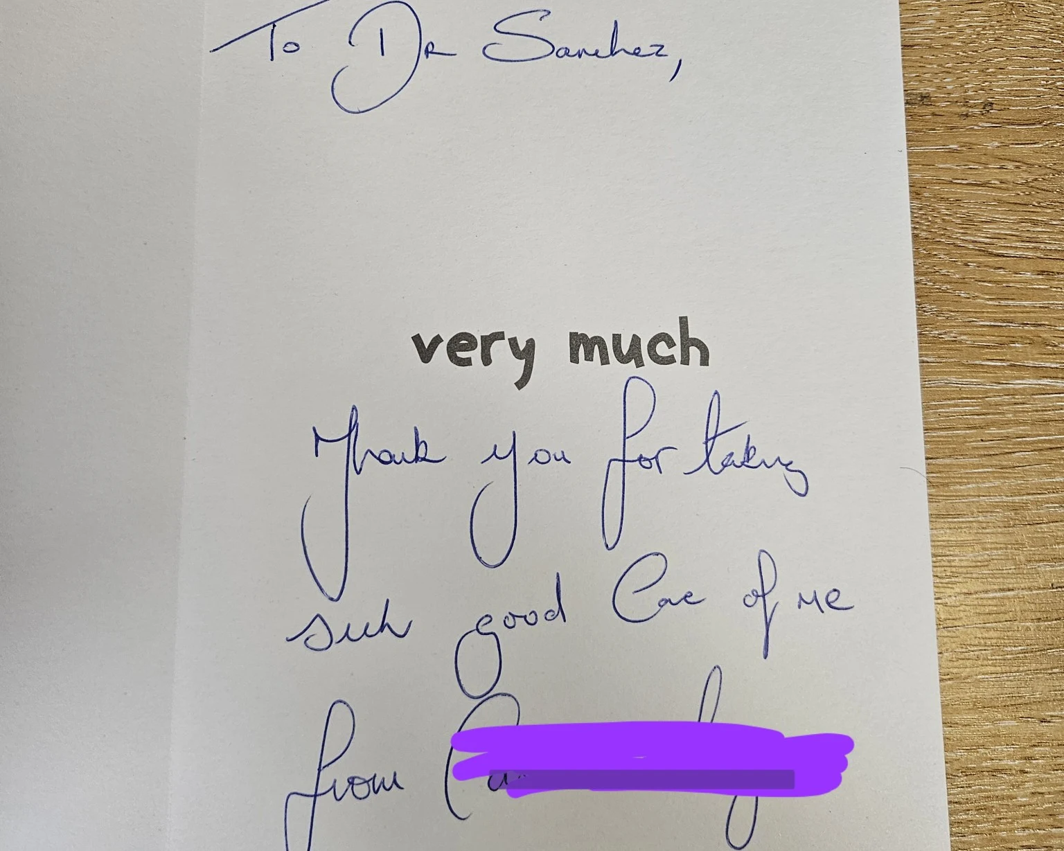 Handwritten thank-you card saying thank you for taking such good care