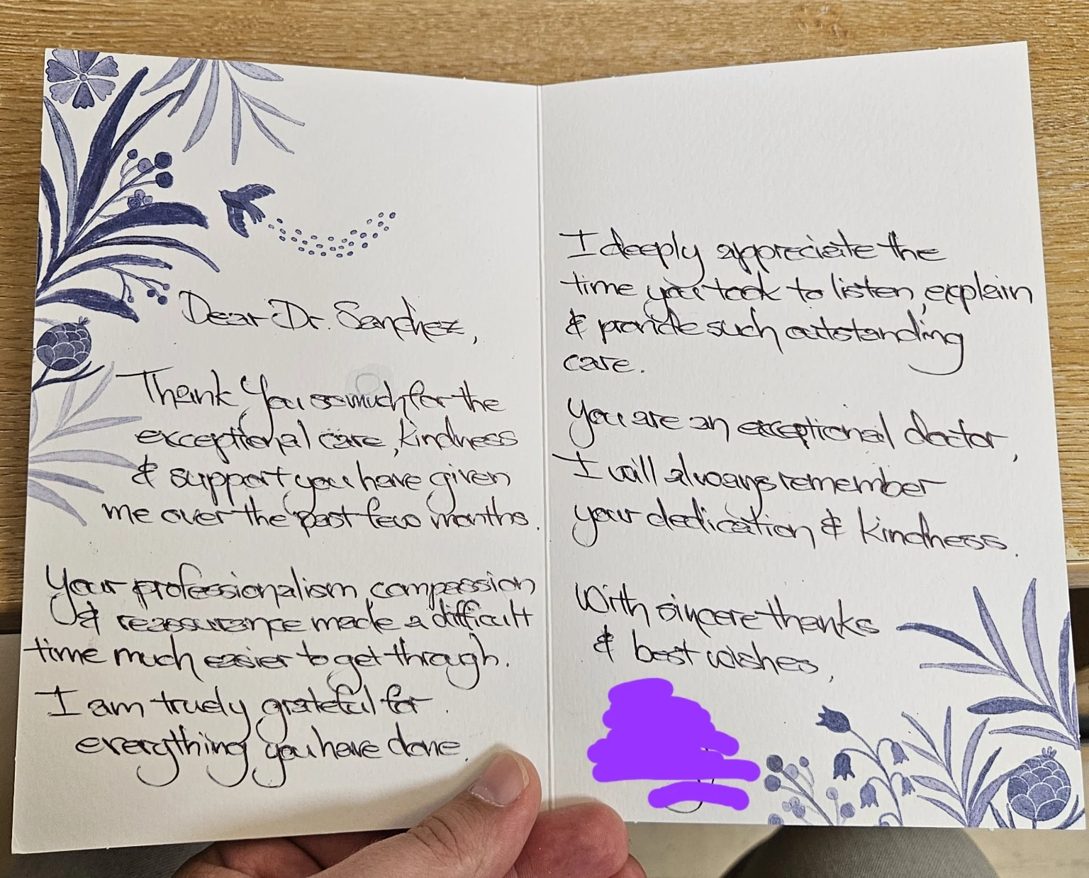 Handwritten thank-you card praising exceptional care, kindness and support